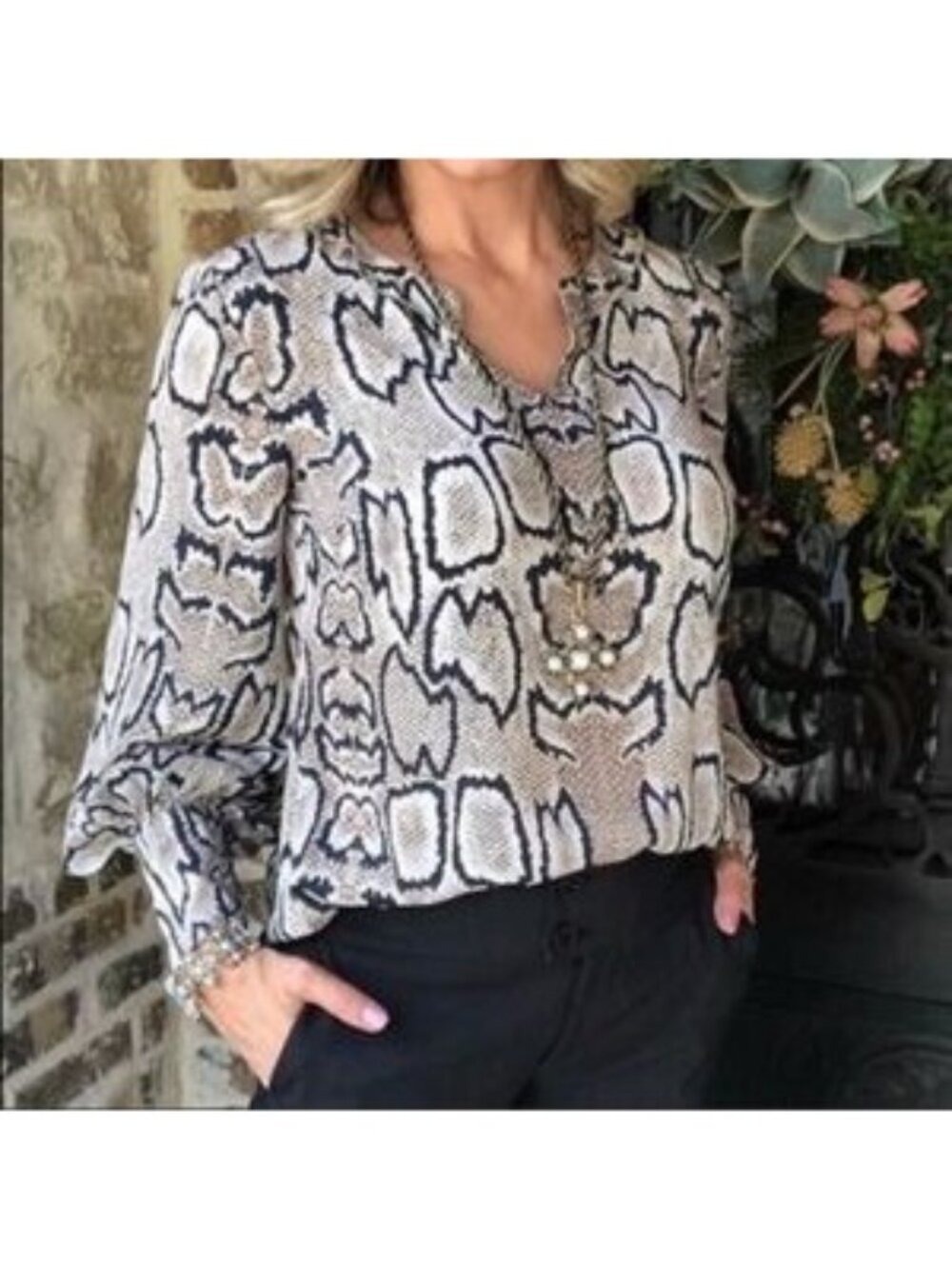 CAbi #3759 Serpentine Blouse Animal Snake Print Long Sleeve Blouse Top XS